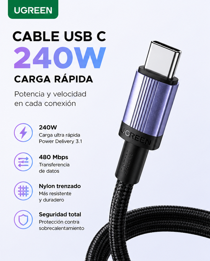 Cable UGREEN L532 USB-C a USB-C 240W PD 3.1 Nylon Trenzado 2 Metros - Imagen 4